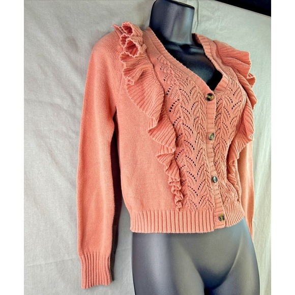 Ruffle Knit Cardigan Sweater Pink Feminine Lace Detail Button Front Size Small - Picture 6 of 16
